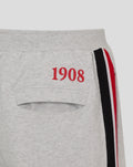 Close up of pocket with red 1908 print and red black striped trim on grey Feyenoord shorts