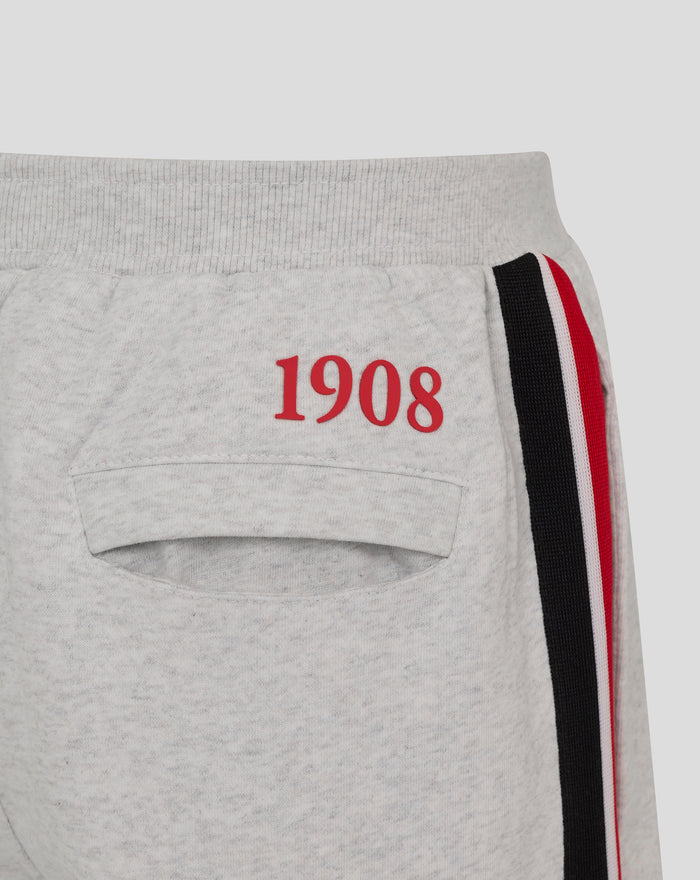 Close up of pocket with red 1908 print and red black striped trim on grey Feyenoord shorts