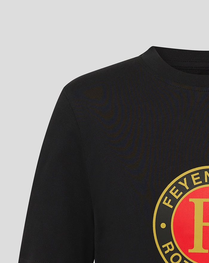 Close up of black Feyenoord Core Logo Junior T Shirt showing a partial yellow circular club emblem on the front