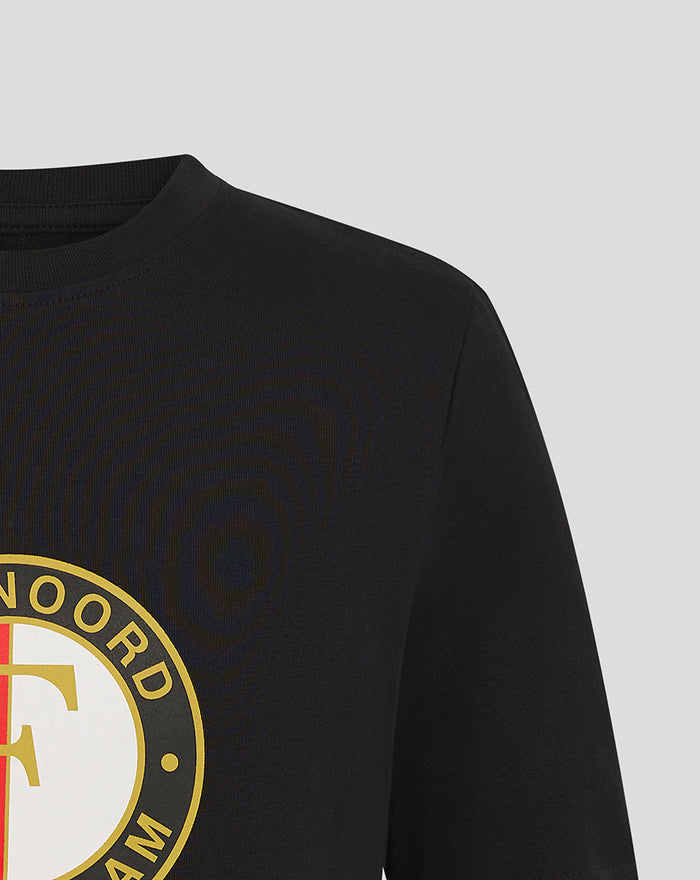 Front view of black Feyenoord Core Logo Junior T Shirt with a large circular club crest on the chest and Castore branding