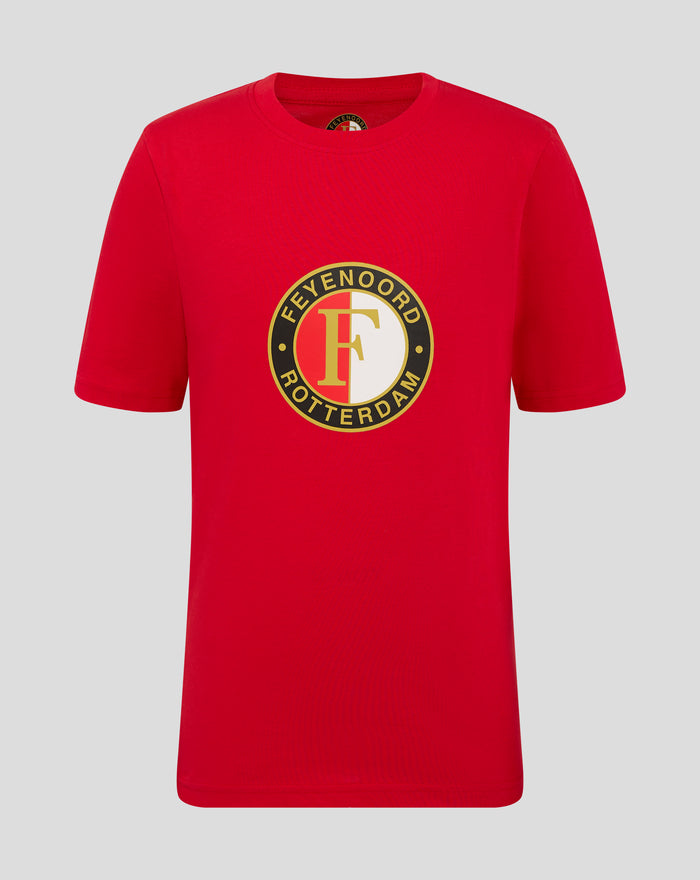 Front view of red Feyenoord Core Logo T-shirt for juniors featuring a large circular logo centered on the chest