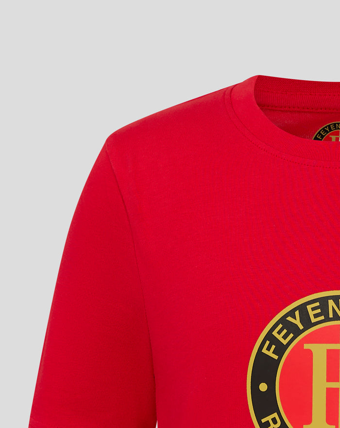 Red Feyenoord Core Logo Junior T shirt close up showing part of the circular crest on the chest