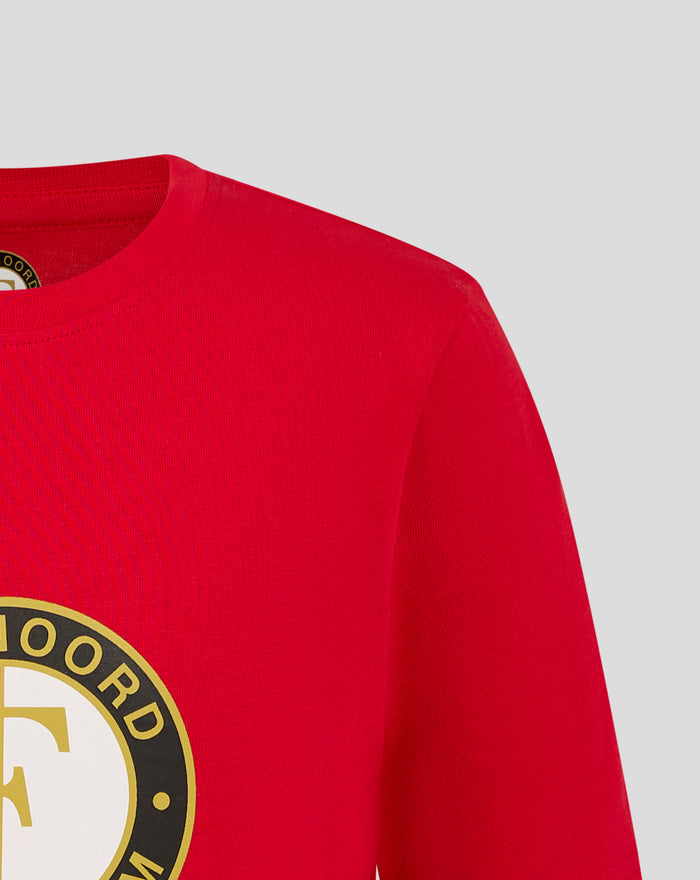 Red Feyenoord Core Logo Junior T shirt close up of the neckline and shoulder