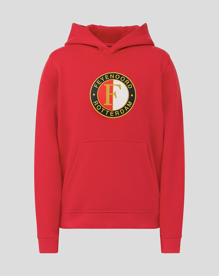 Bright red Feyenoord Core hoodie for juniors with circular crest on the chest