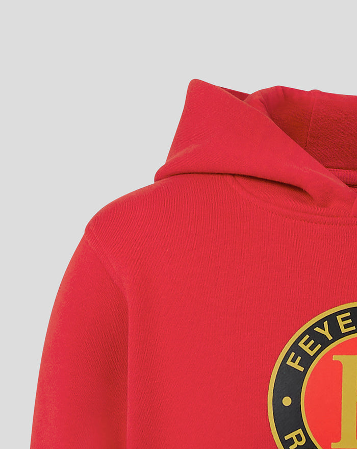 Detail of red FEYENOORD Core Hoody junior showing hood and fabric texture with crest partially visible.