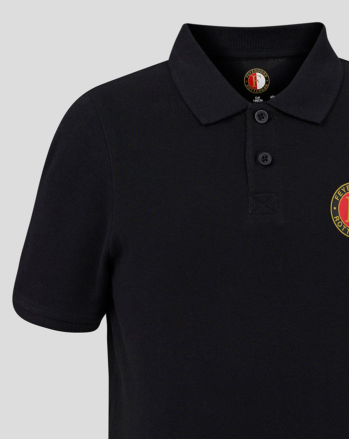 Close up of a black Feyenoord Core polo junior showing the chest crest and button placket