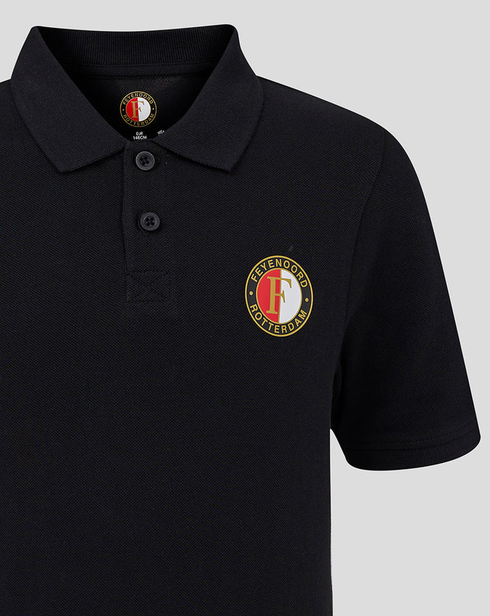 Close up of a black Feyenoord Core polo junior with polo collar and crest on the chest