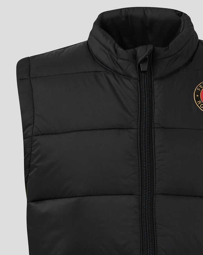 Close-up of black padded gilet with zip closure and Feyenoord crest on the chest.