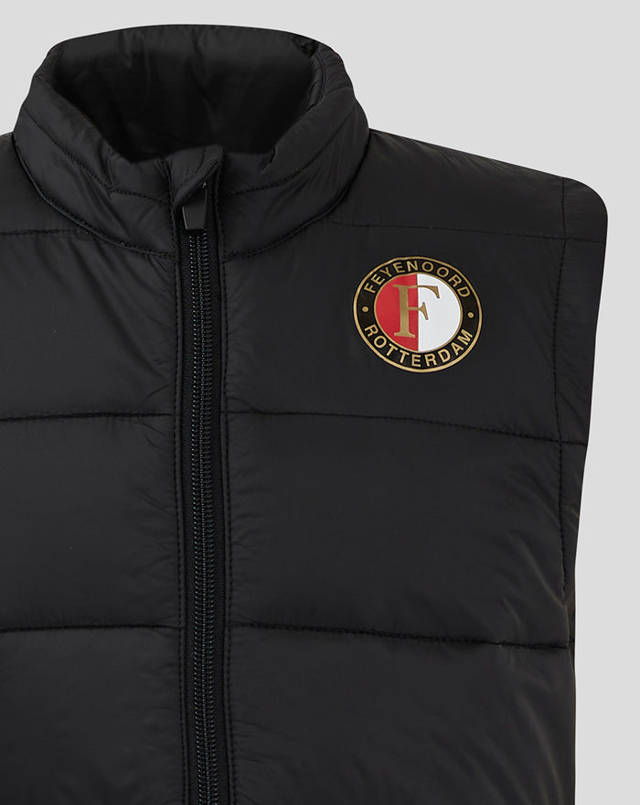 Front view close-up of black Feyenoord Core Junior gilet with center zipper and crest on the chest.