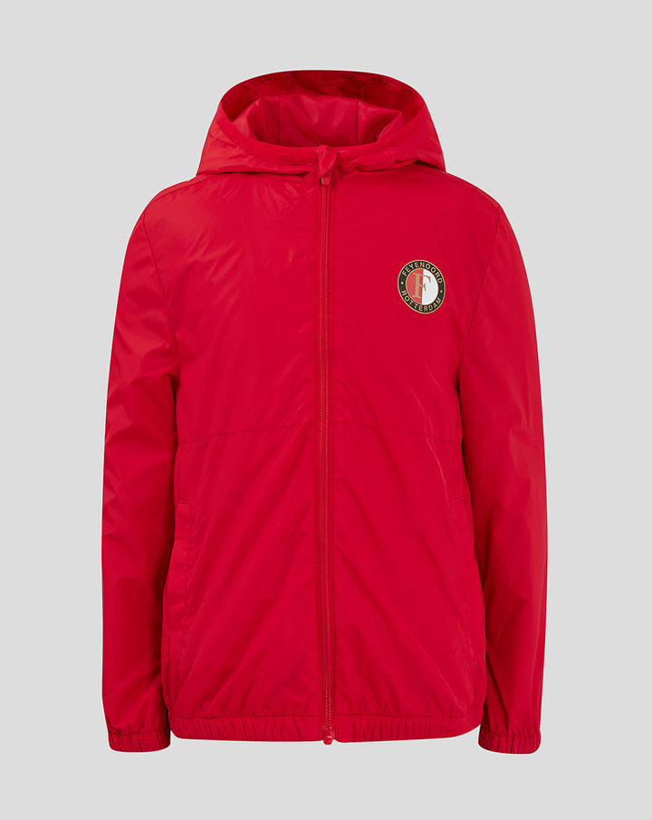 Junior red Feyenoord Core summer jacket with hood, full front zipper, and chest logo