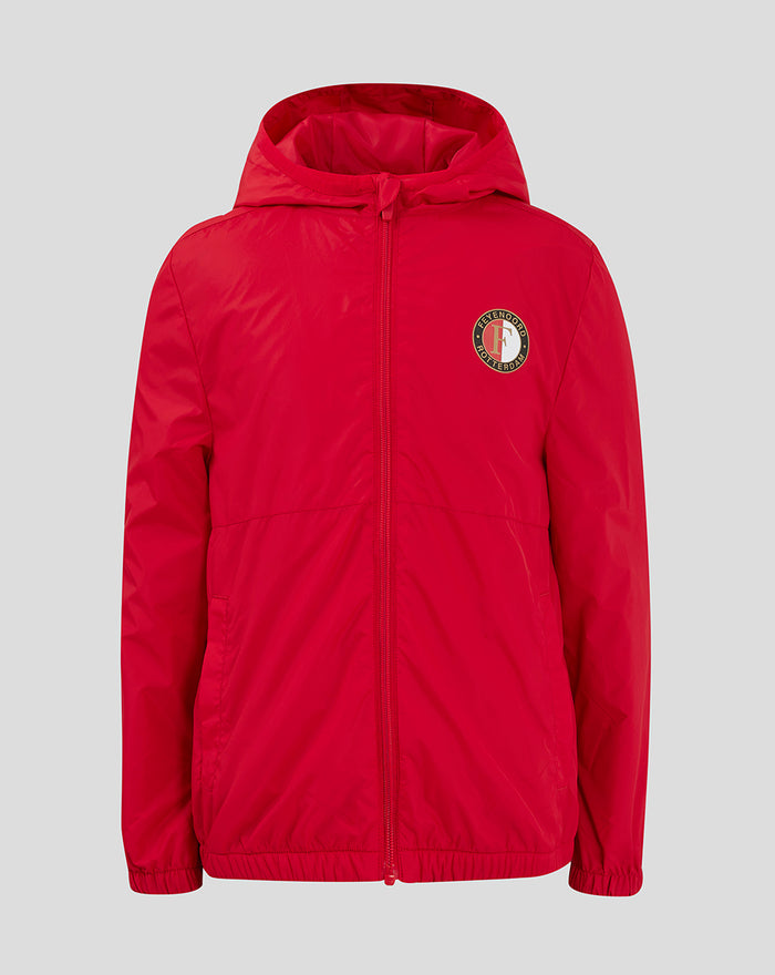 Junior red Feyenoord Core summer jacket with hood, full front zipper, and chest logo