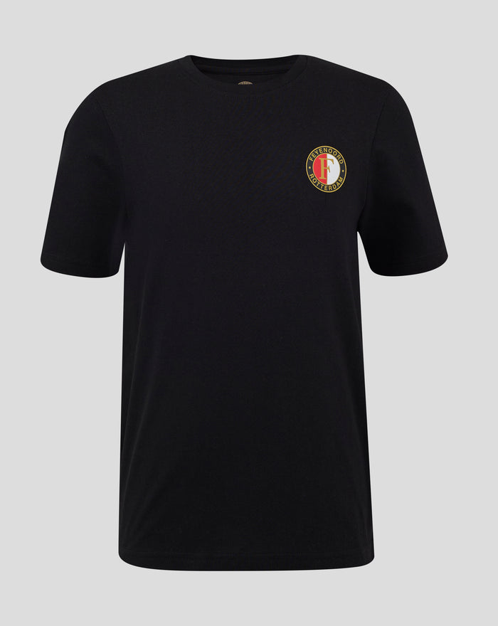 Front view of black Feyenoord Core Junior T-shirt with a circular crest on the chest.