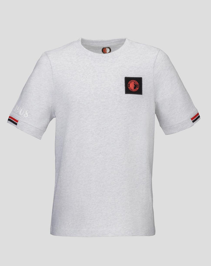 Feyenoord Classic T shirt Junior gray front view with black patch logo on chest and striped sleeve cuffs