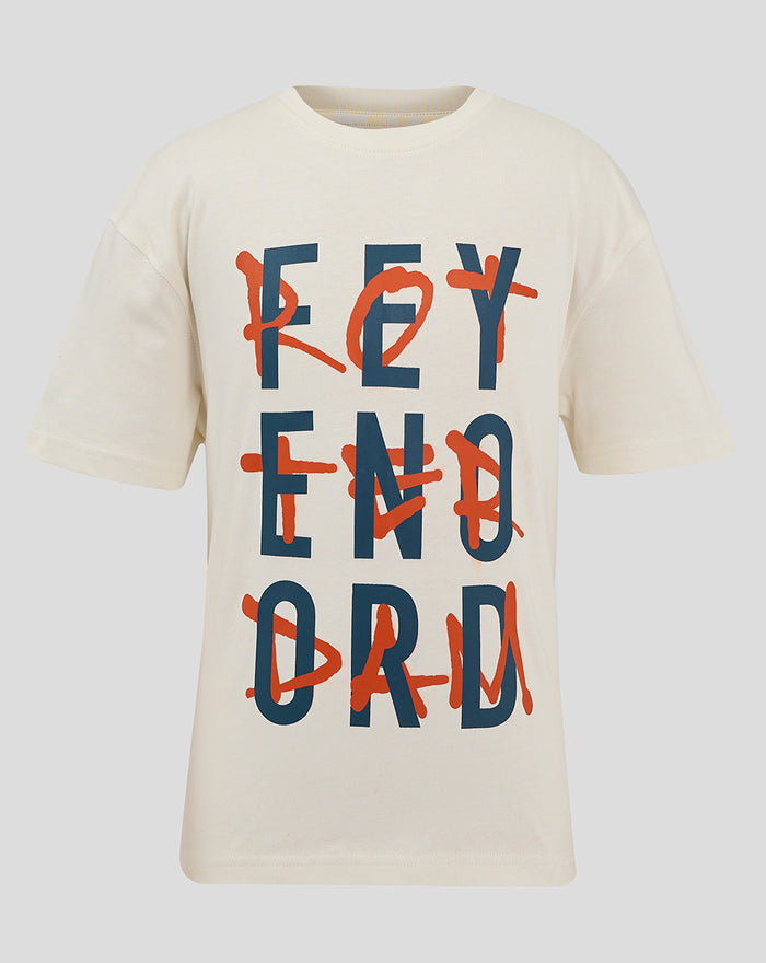Front view of cream white junior Feyenoord contemporary t-shirt with bold blue letters and orange graffiti overlay