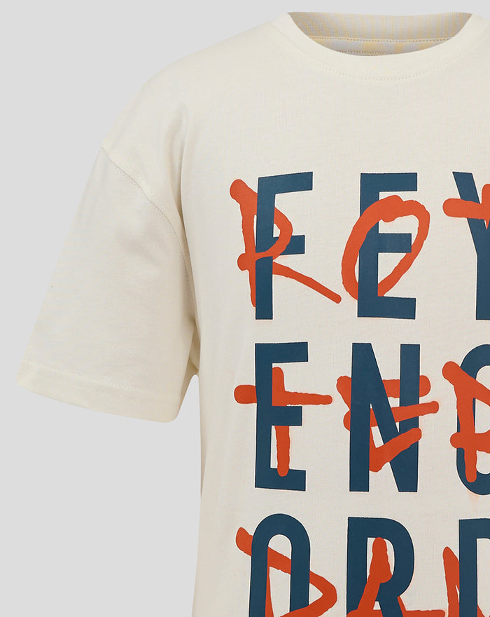 Left side view of a white junior Feyenoord contemporary T shirt with navy letters and orange graffiti across the front