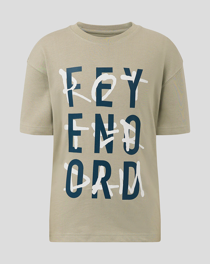 Beige junior FEYENOORD contemporary T shirt with bold navy letters and white graffiti across the front
