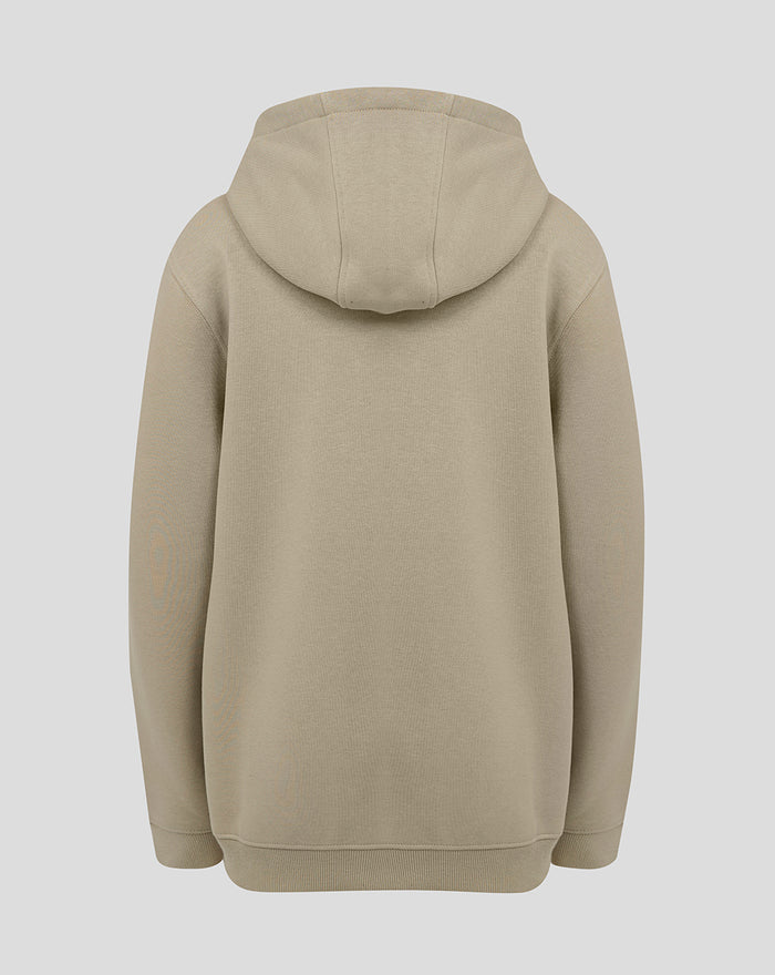 Back view of taupe grey Feyenoord contemporary junior hoodie with an attached hood and clean plain back.