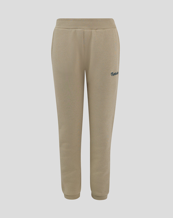 Taupe grey Feyenoord contemporary joggers for juniors with an elastic waistband and a logo on the thigh.