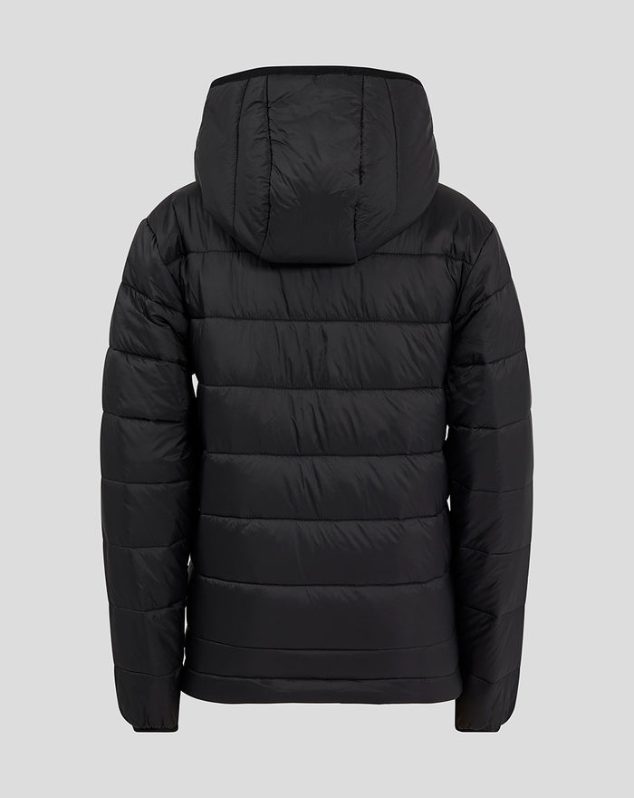 Back view of black Feyenoord Core junior puffer jacket with hood