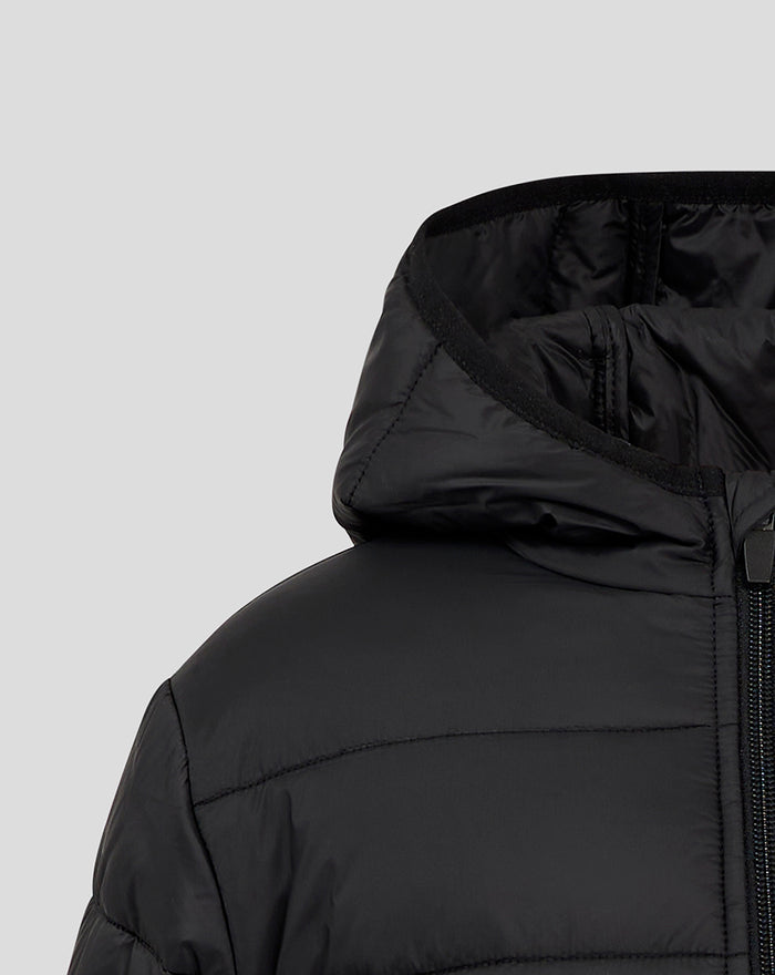 Hooded section with zipper and stitching on a black Feyenoord Core junior puffer jacket
