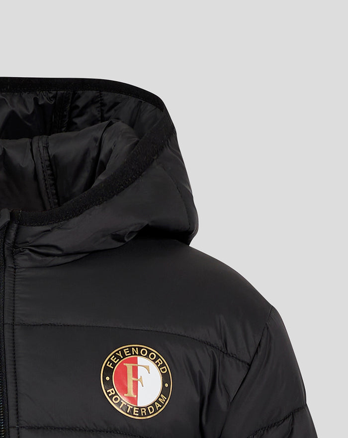 Close up of the black Feyenoord Core junior puffer jacket showing the chest logo and hood