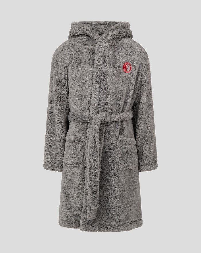 Grey fluffy hooded Feyenoord kids bathrobe with belt and front pockets.