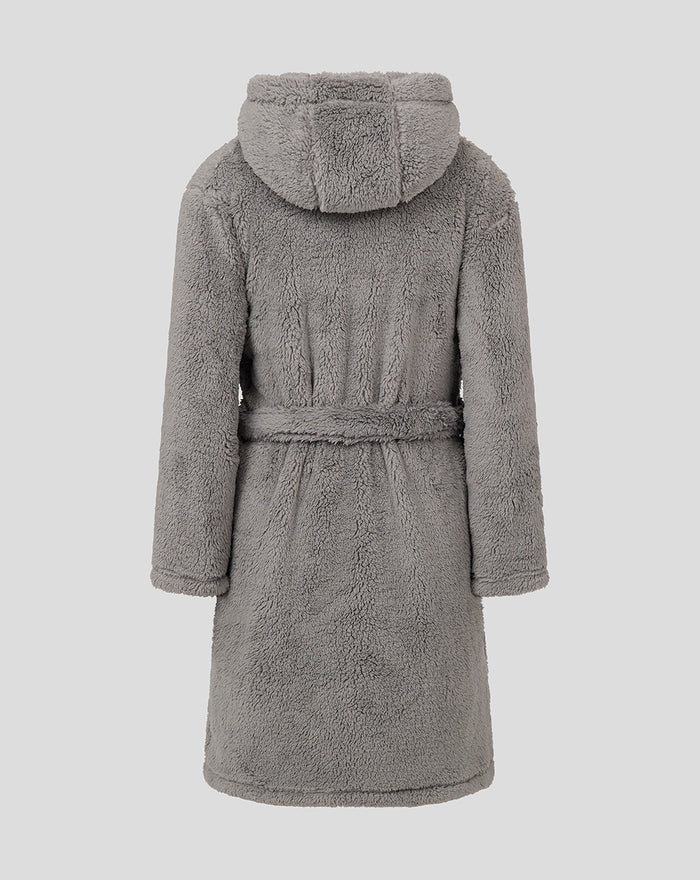 Back view of grey fluffy hooded Feyenoord kids bathrobe with belt.