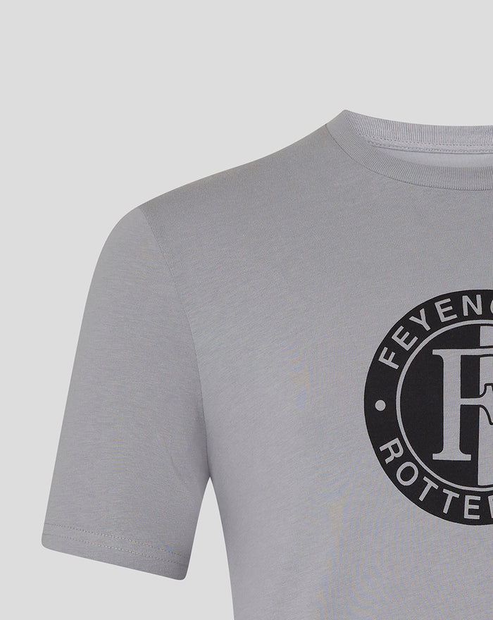 Light gray Feyenoord core logo T shirt for men with a large circular black emblem on the chest