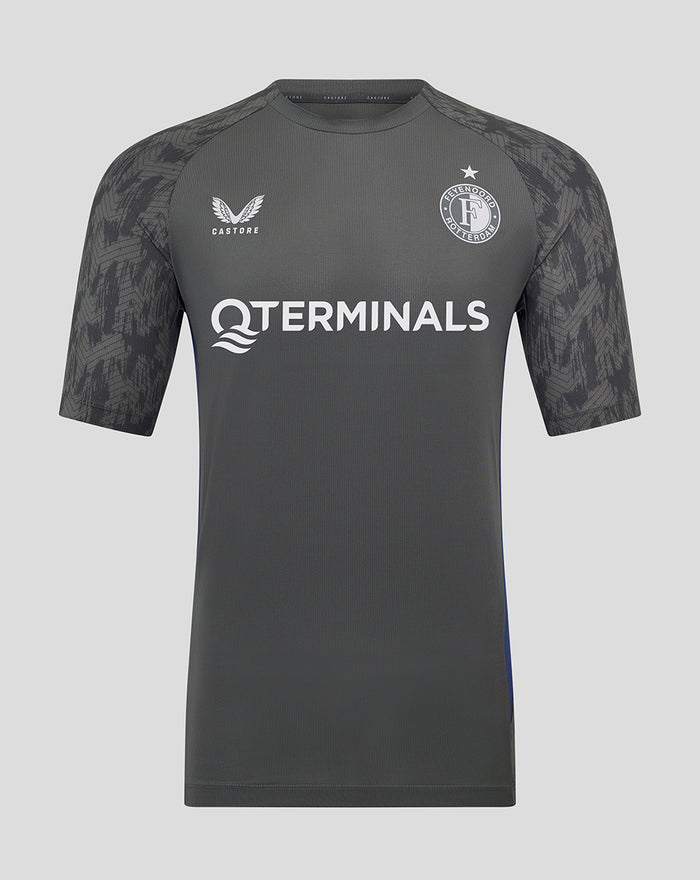 Front view of dark gray Feyenoord Coaches Training T-Shirt with Castore logo and Feyenoord crest.