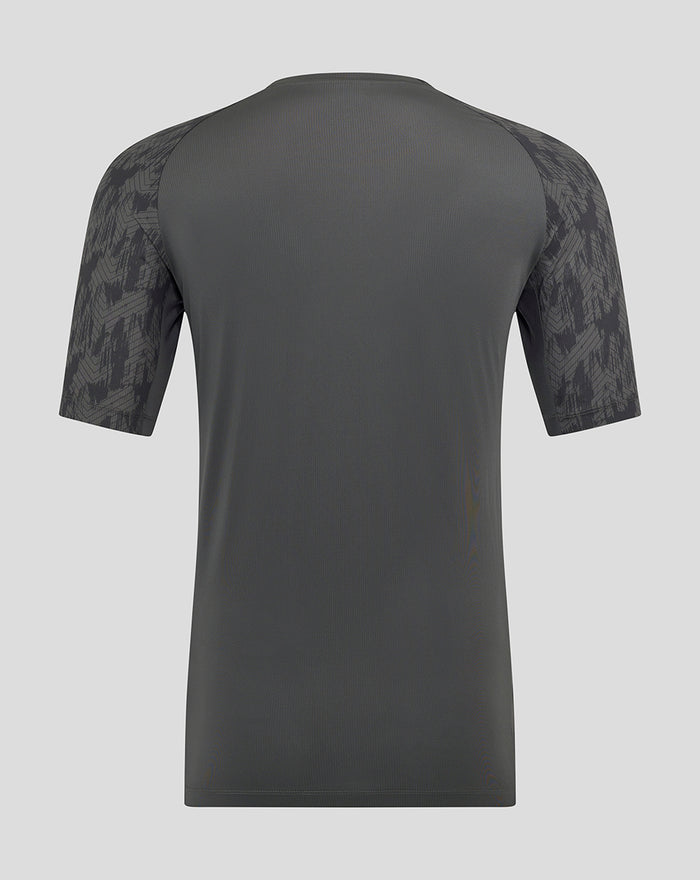 Back view of dark gray Feyenoord Coaches Training T-Shirt with patterned sleeves.
