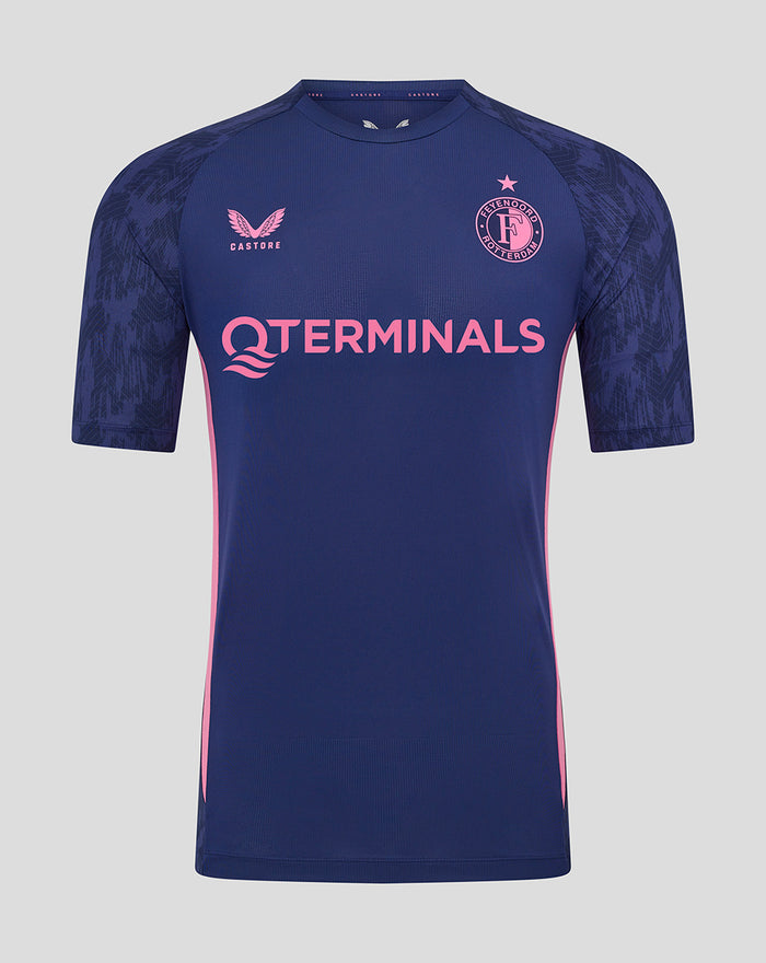 Front view of men's Feyenoord training T-shirt in navy with pink QT terminals sponsor across chest and Castore and Feyenoord logos on the chest.