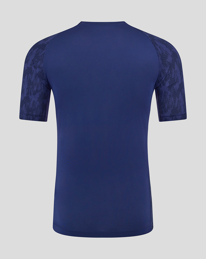 Back view of navy Feyenoord training T shirt with patterned sleeves and contrasting side panels.