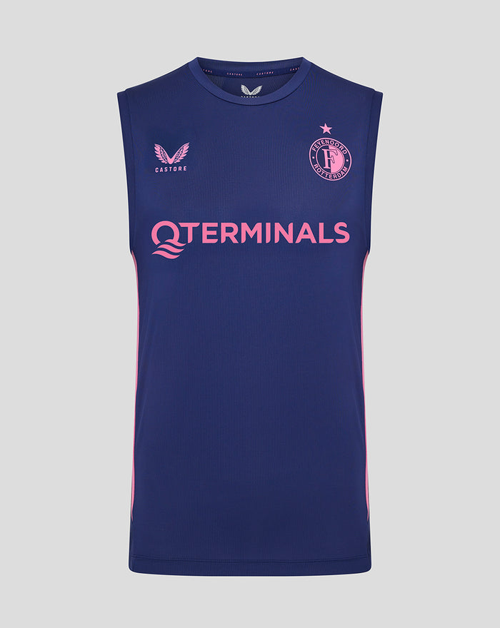 Spelerstraining mouwloos T-shirt in donkerblauw met roze zijpanelen en Castore logo rechts en Feyenoord badge links