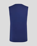 Back view of a navy blue sleeveless training shirt for men with a plain back and curved hem