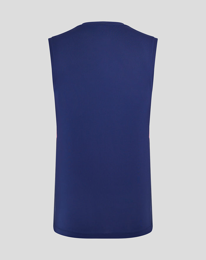 Back view of a navy blue sleeveless training shirt for men with a plain back and curved hem