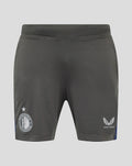 Achteraanzicht van donkergrijze Feyenoord coaches trainingshort met elastische tailleband en contrasterende zijpanelen
