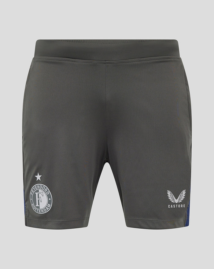 Achteraanzicht van donkergrijze Feyenoord coaches trainingshort met elastische tailleband en contrasterende zijpanelen