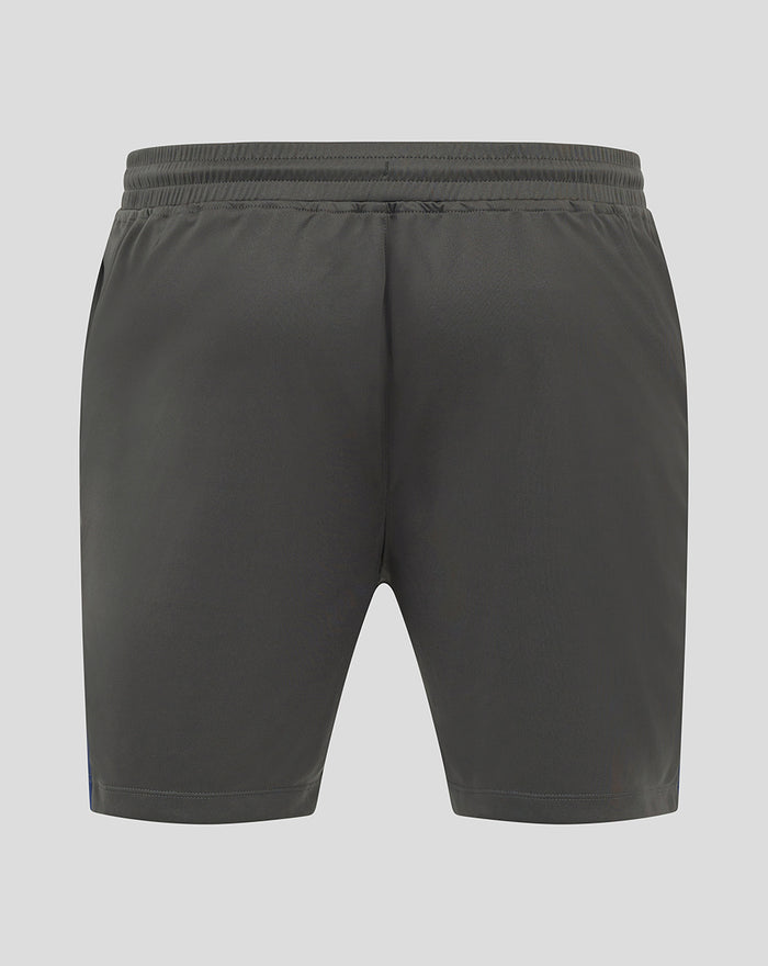 Achteraanzicht van donkergrijze Feyenoord trainingshort met embleem op linkerbeen en Castore-logo op rechterbeen