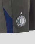 Close-up of gray training shorts with a blue side panel and a white star above the circular Feyenoord Rotterdam emblem on the leg.