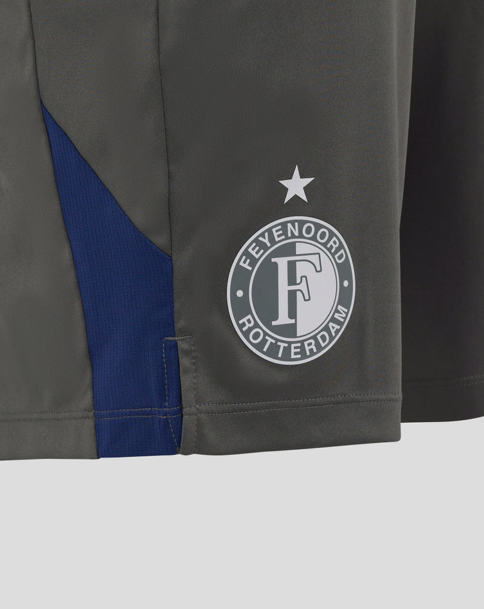 Close-up of gray training shorts with a blue side panel and a white star above the circular Feyenoord Rotterdam emblem on the leg.