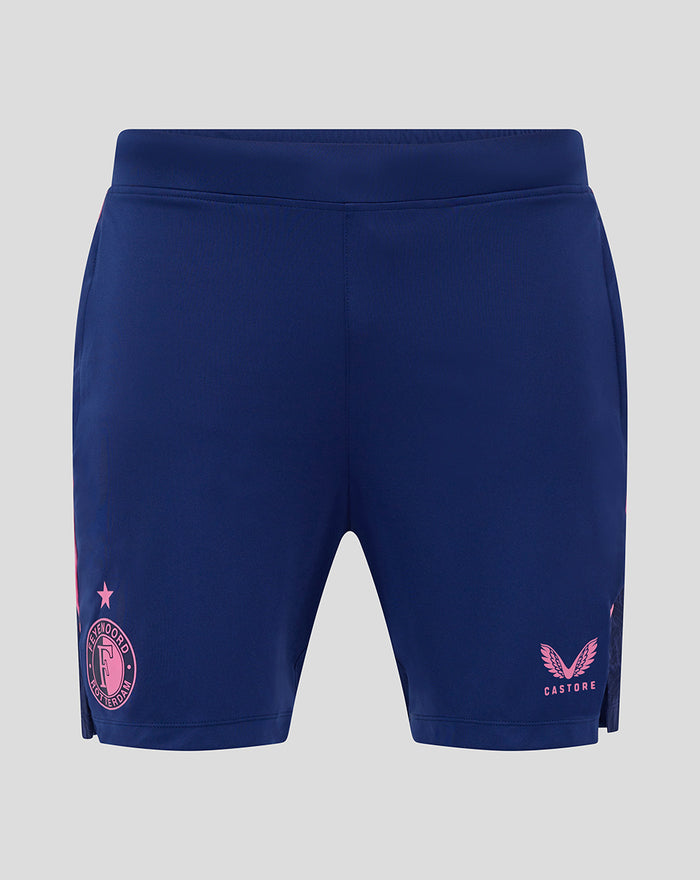Back view of navy Feyenoord training shorts with pink side panels and a pink Castore logo on the right leg.