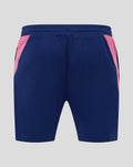 Back view of navy shorts with pink side panels and a pink Castore logo on the right leg.