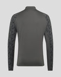 Back view of the gray Feyenoord training midlayer top showing a plain back and patterned sleeves.