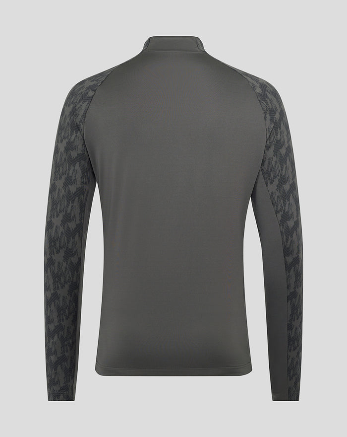 Back view of the gray Feyenoord training midlayer top showing a plain back and patterned sleeves.