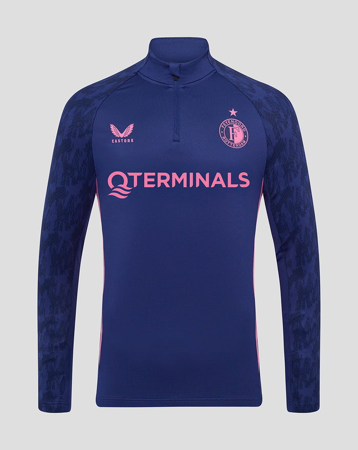 Navy blue Feyenoord players training top with QTTERMINALS across the chest and Castore logo and Feyenoord crest on the chest.