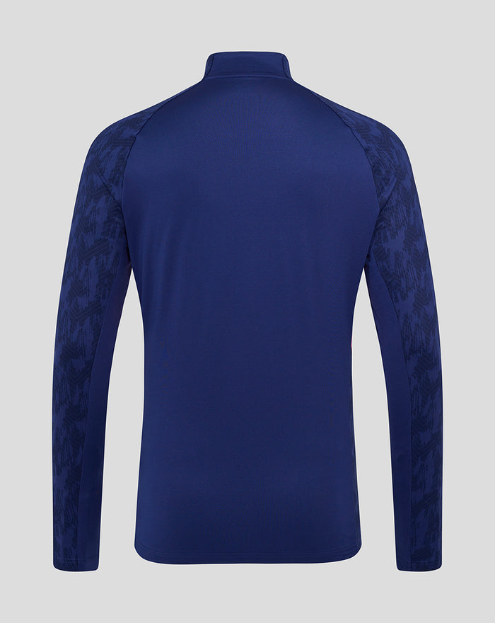 Back view of blue Feyenoord training midlayer top with patterned shoulders.
