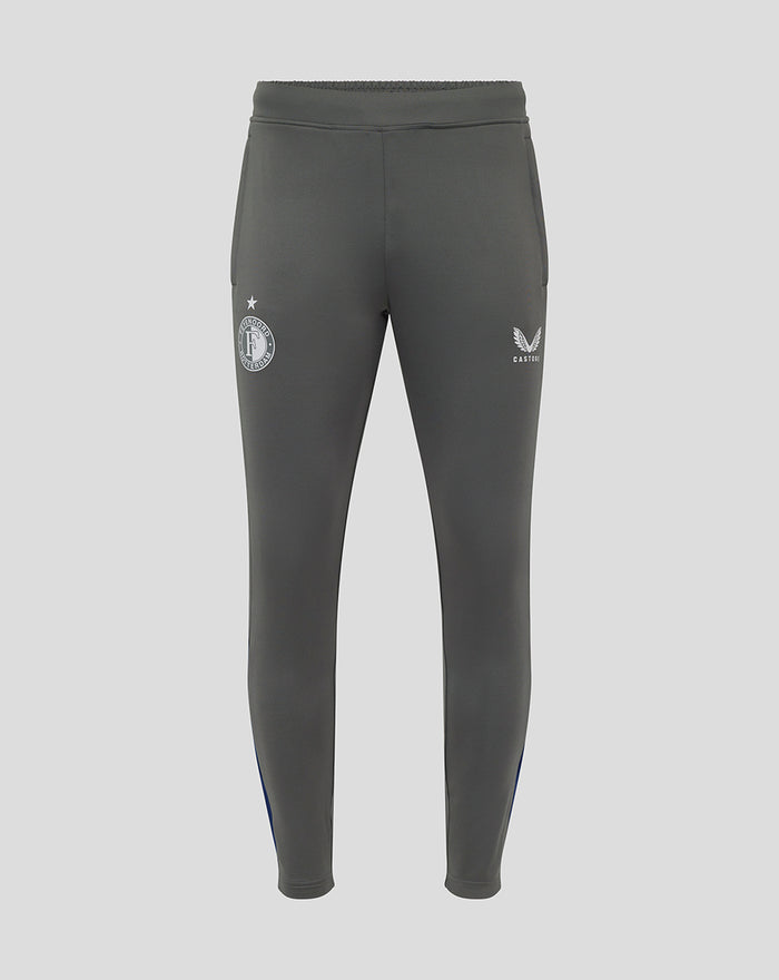 Voorkant van grijze Feyenoord Coaches Trainingsbroek met witte clubcrest links en Castore-logo rechts