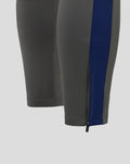 Close-up of a gray Feyenoord training pant leg with a blue side panel and an ankle zipper.
