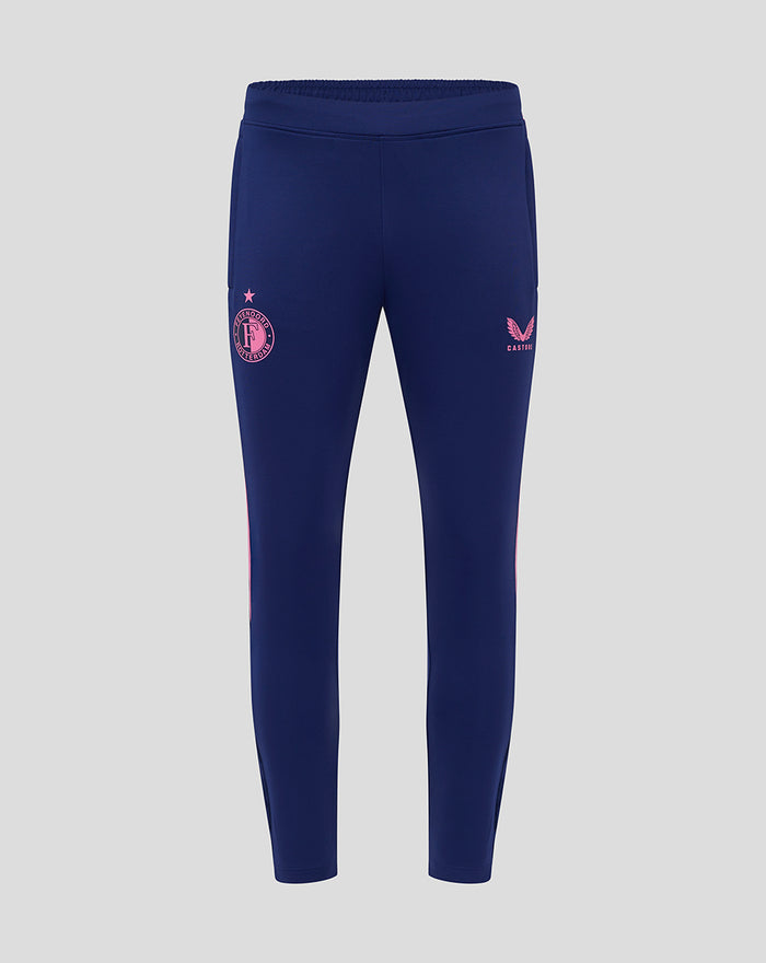 Front view of navy Feyenoord men's training pants with pink side panels and thigh logos