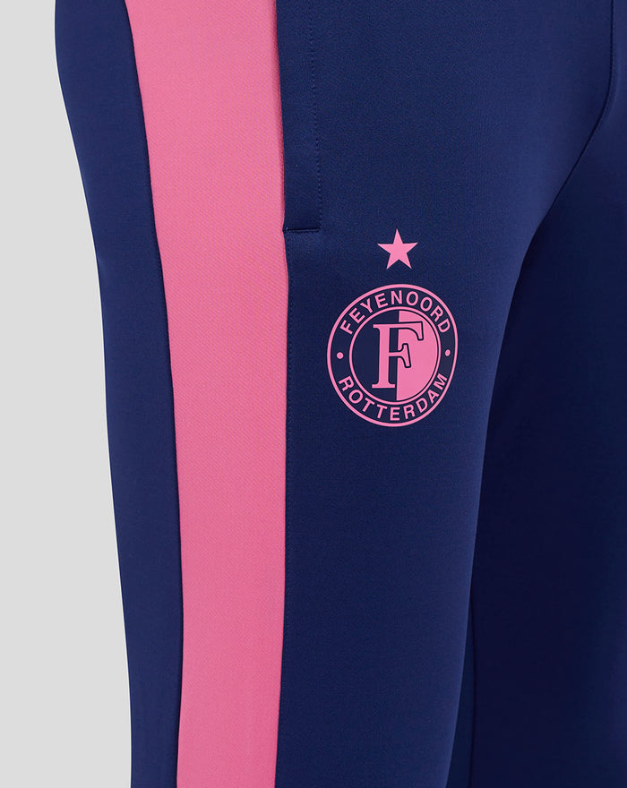 Navy Feyenoord training pants with pink side stripe and a star above the crest on the thigh.